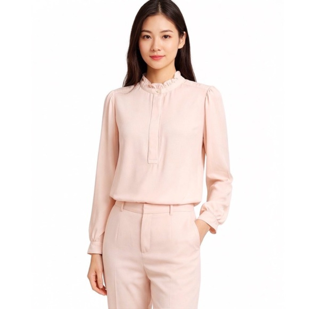LOFT Ruffle Neck Long Sleeve Blouse Blush Pink Hidden Placket M Preppy 80-12